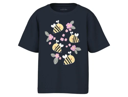 Mørkeblå T-Shirt med print af små gule bier og lyserøde blomster fra Name It navy blazer bees 13241599